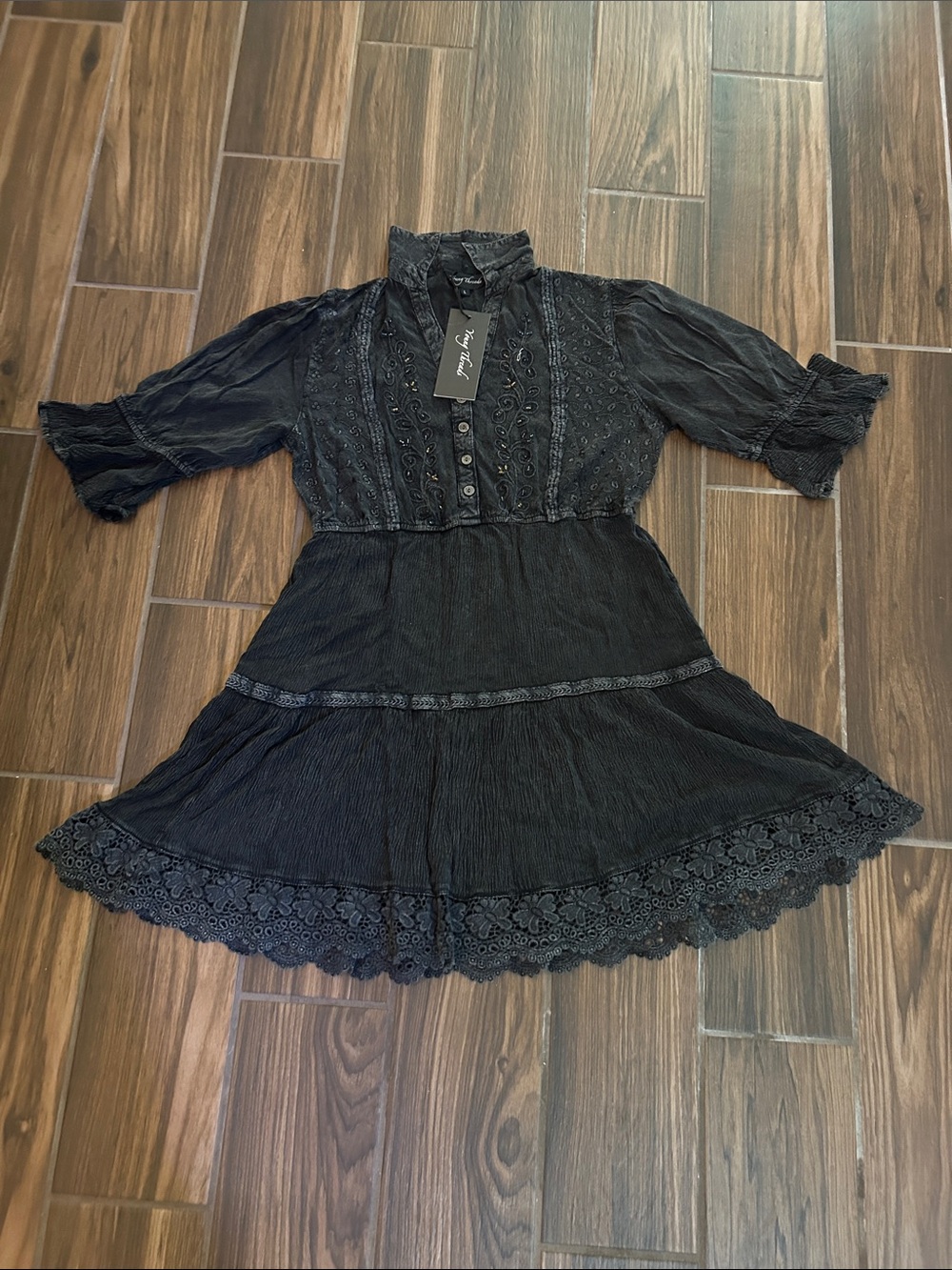 Young Threads Black Lace-Trim Mini Dress with Button-Front Detail and pockets